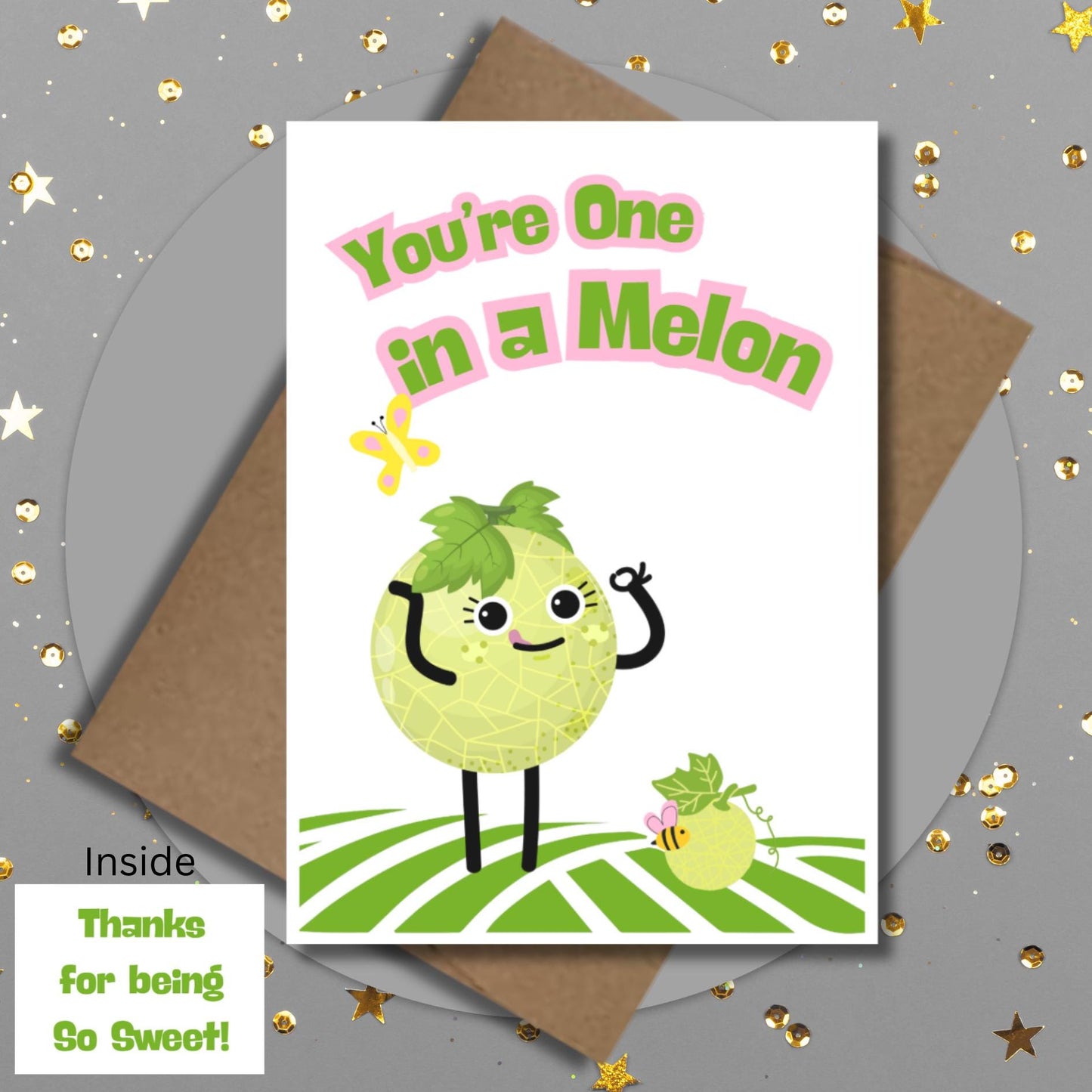 Kawaii Melon Thank You Card: Punny Friendship Appreciation - JuzBecuzStationery