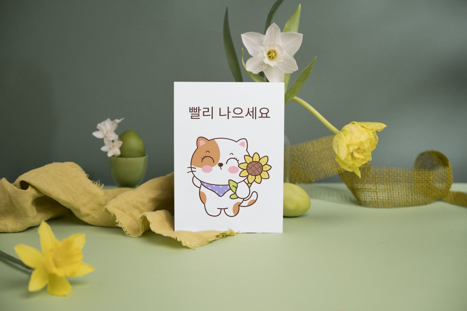 Korean Cat Get Well Card: "Ppalli Naeuseo" Greeting - JuzBecuzStationery