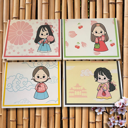 Korean Hanbok Girl Note Card Set, Cute Kawaii Korean Traditional Dress Stationery, Asian - Themed Greeting Cards, Kdrama Fan Stationery - JuzBecuzStationery