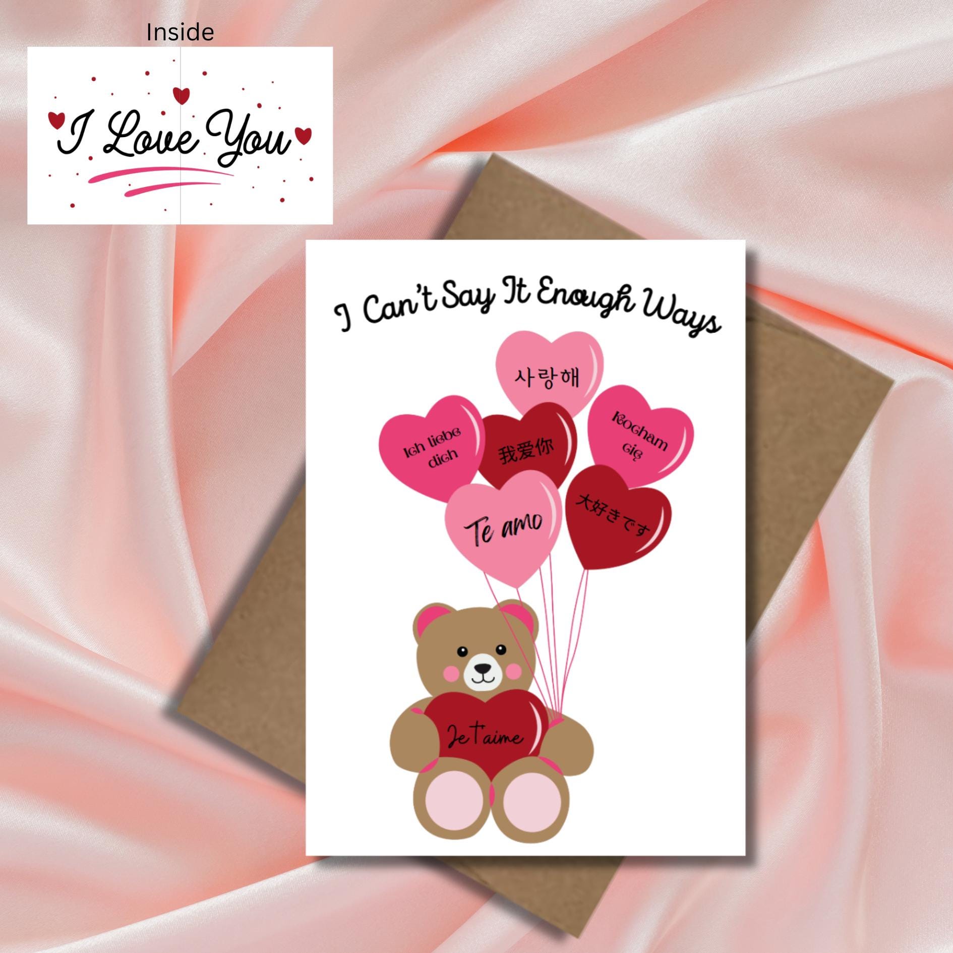 Multilingual I Love You Greeting Card, Cute Bear With Heart Couples Card, Kawaii Anniversary Card, Romantic International Love Note Card - JuzBecuzStationery