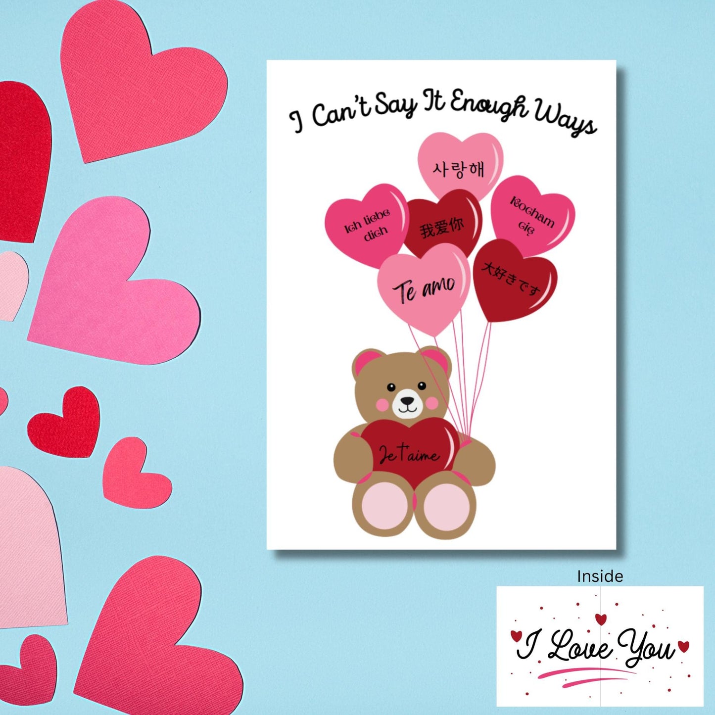 Multilingual I Love You Greeting Card, Cute Bear With Heart Couples Card, Kawaii Anniversary Card, Romantic International Love Note Card - JuzBecuzStationery