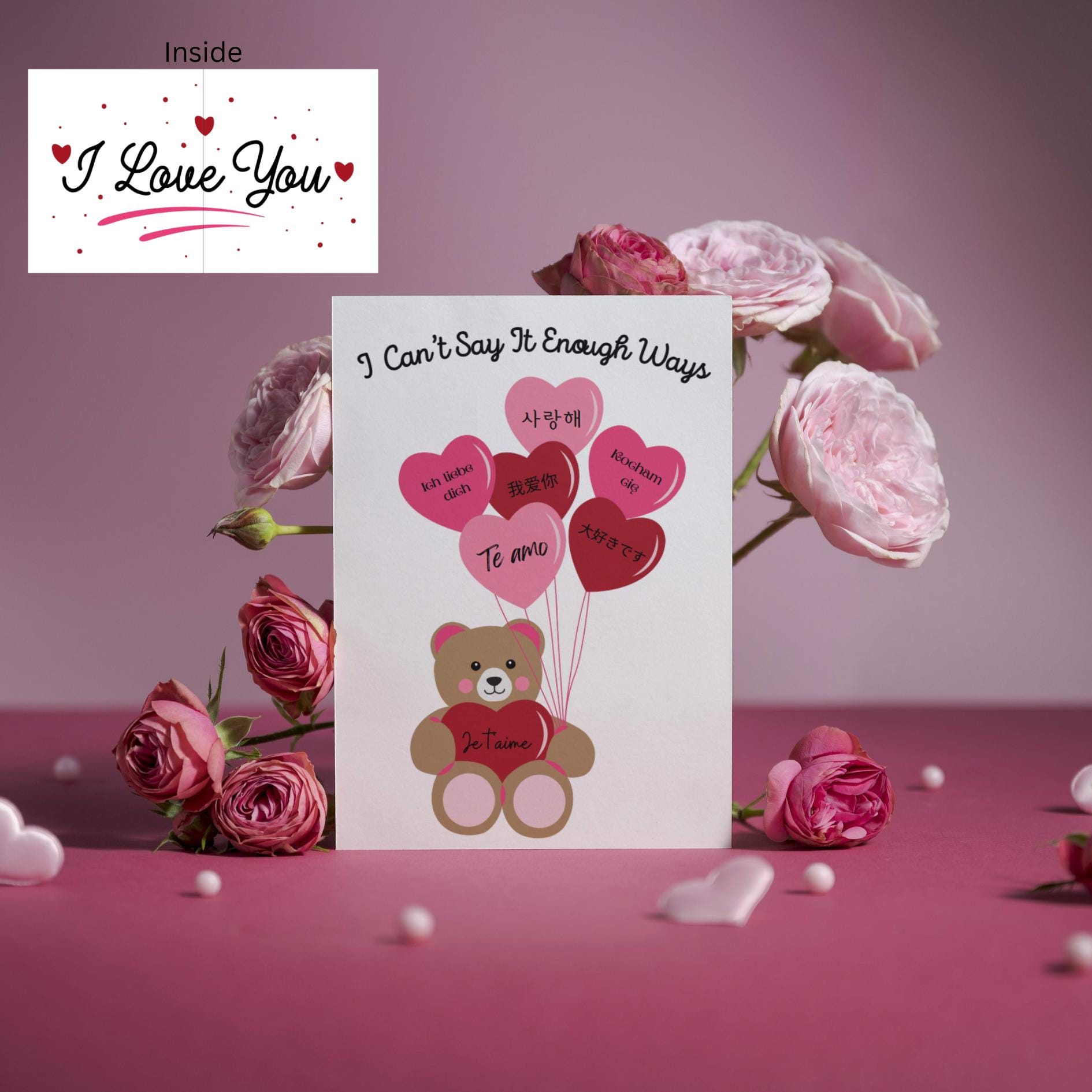 Multilingual I Love You Greeting Card, Cute Bear With Heart Couples Card, Kawaii Anniversary Card, Romantic International Love Note Card - JuzBecuzStationery
