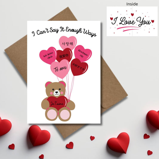 Multilingual I Love You Greeting Card, Cute Bear With Heart Couples Card, Kawaii Anniversary Card, Romantic International Love Note Card - JuzBecuzStationery