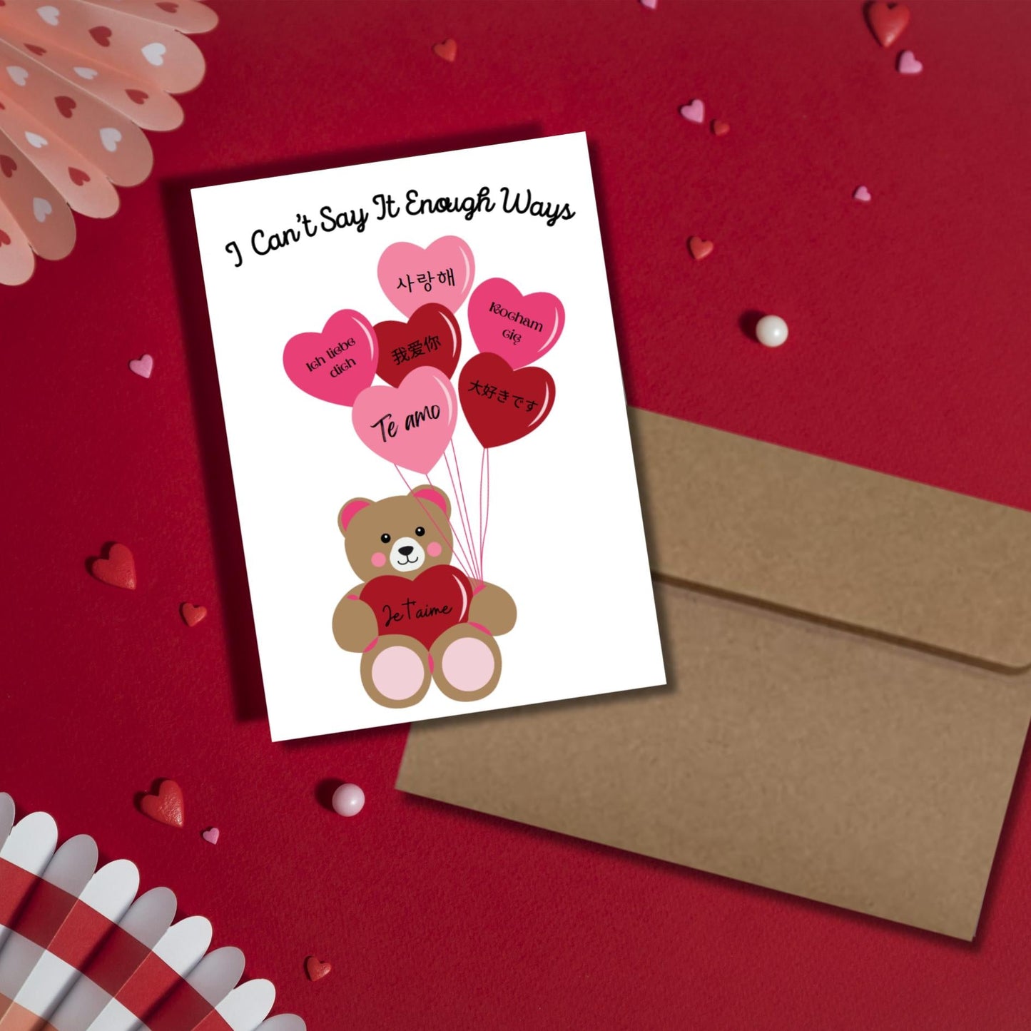 Multilingual I Love You Greeting Card, Cute Bear With Heart Couples Card, Kawaii Anniversary Card, Romantic International Love Note Card - JuzBecuzStationery