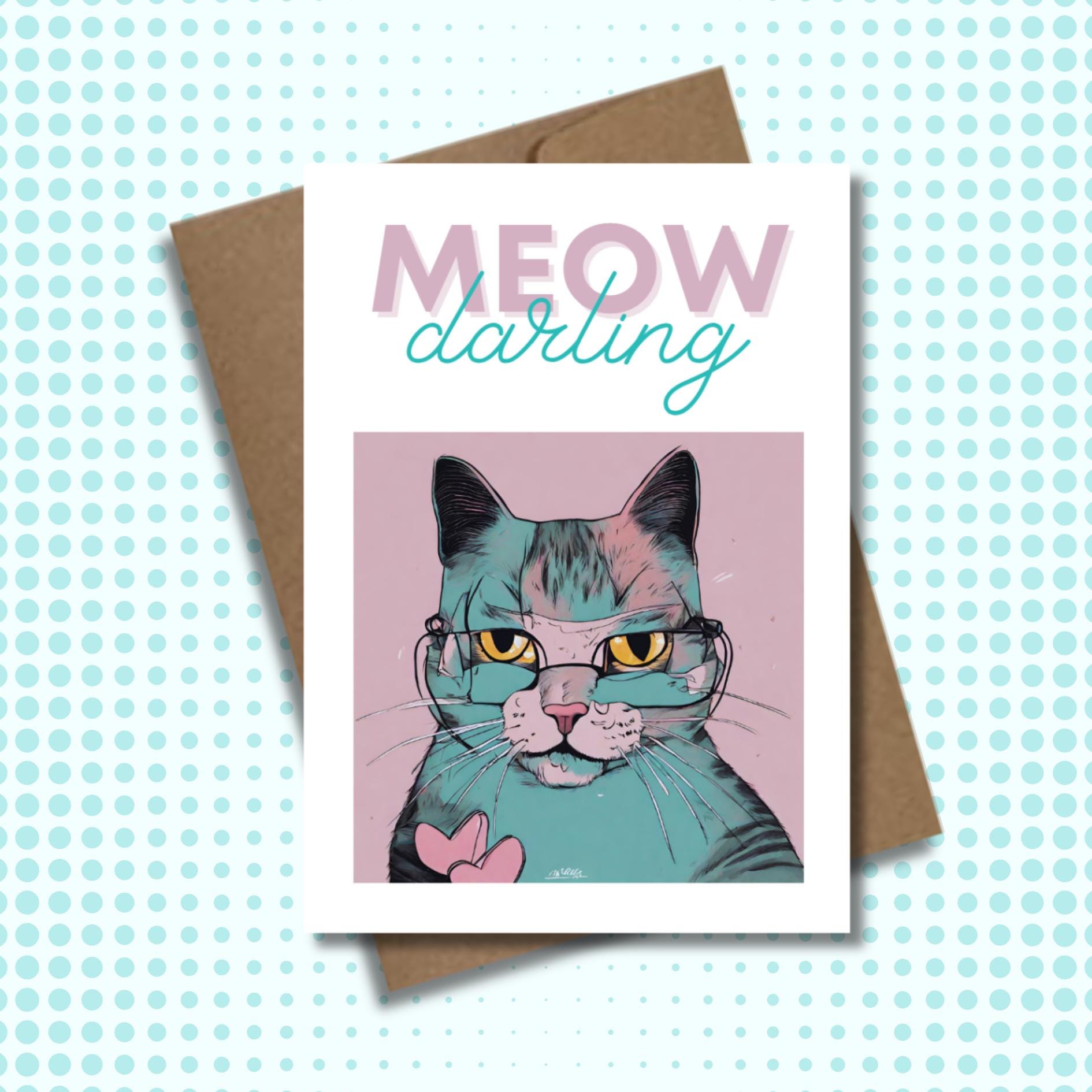 Pop Art Cat Thinking Of You Card, Meow Darling Friendship Card, Pet Lover Encouragement Card, Feline Stationery, Just Because Cat Mom Card - JuzBecuzStationery