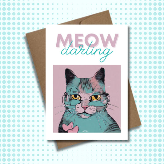 Pop Art Cat Thinking Of You Card, Meow Darling Friendship Card, Pet Lover Encouragement Card, Feline Stationery, Just Because Cat Mom Card - JuzBecuzStationery