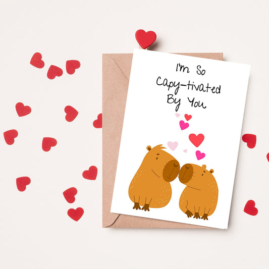 Romantic Capybara "I'm So Capy - tivated By You" Love Card, Anniversary Card, Wedding Card - JuzBecuzStationery