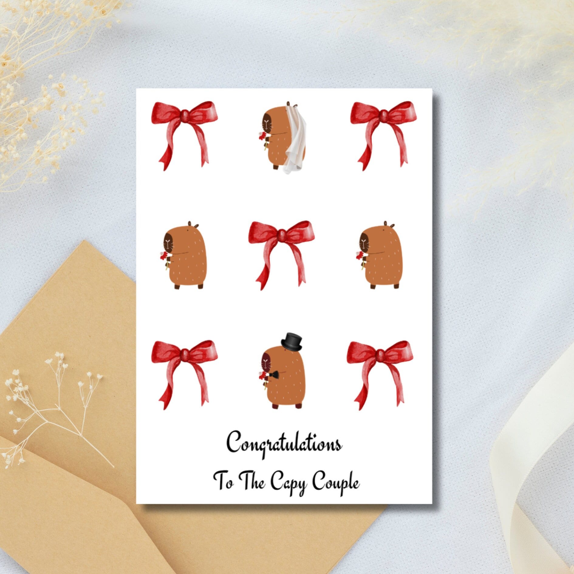 Romantic Capybara Wedding Card, Red Coquette Bows Anniversary Card, Capy Couple Punny Bridal Shower Engagement Card For Capybara Lover - JuzBecuzStationery
