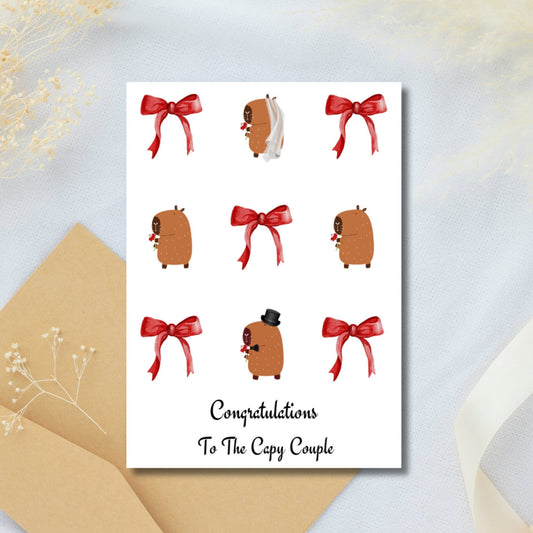 Romantic Capybara Wedding Card, Red Coquette Bows Anniversary Card, Capy Couple Punny Bridal Shower Engagement Card For Capybara Lover - JuzBecuzStationery