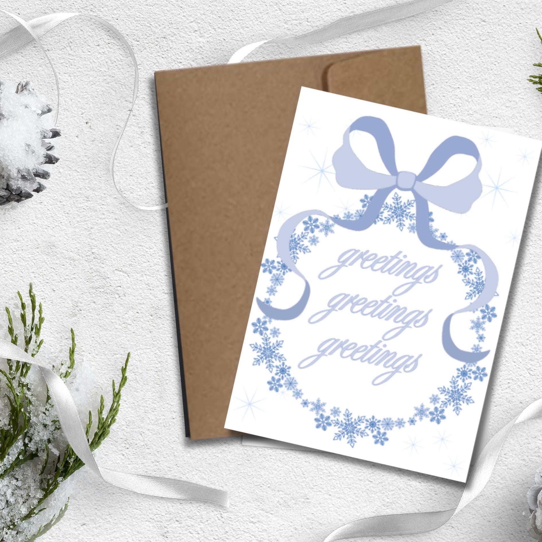 Snowflake Winter Greeting Card: Coquette Style Blue Bow Card, Seasonal Thinking Of You Card - JuzBecuzStationery