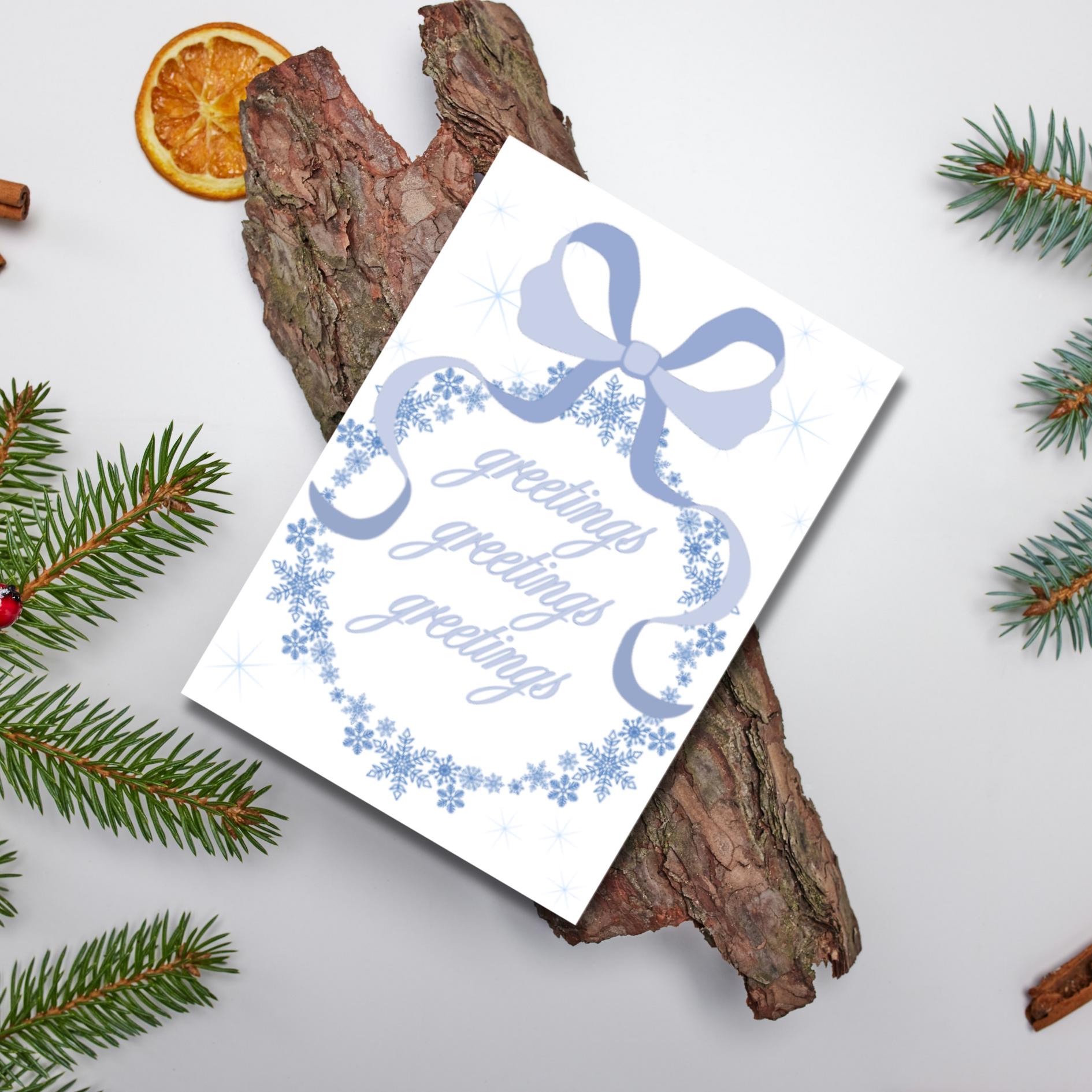 Snowflake Winter Greeting Card: Coquette Style Blue Bow Card, Seasonal Thinking Of You Card - JuzBecuzStationery