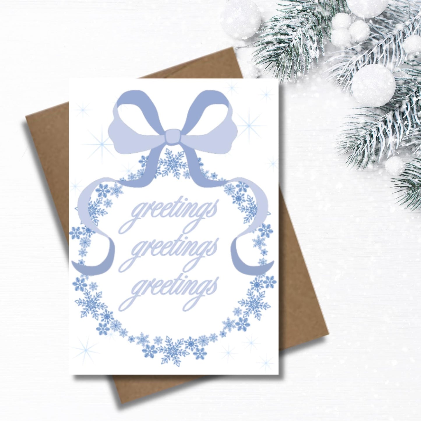 Snowflake Winter Greeting Card: Coquette Style Blue Bow Card, Seasonal Thinking Of You Card - JuzBecuzStationery