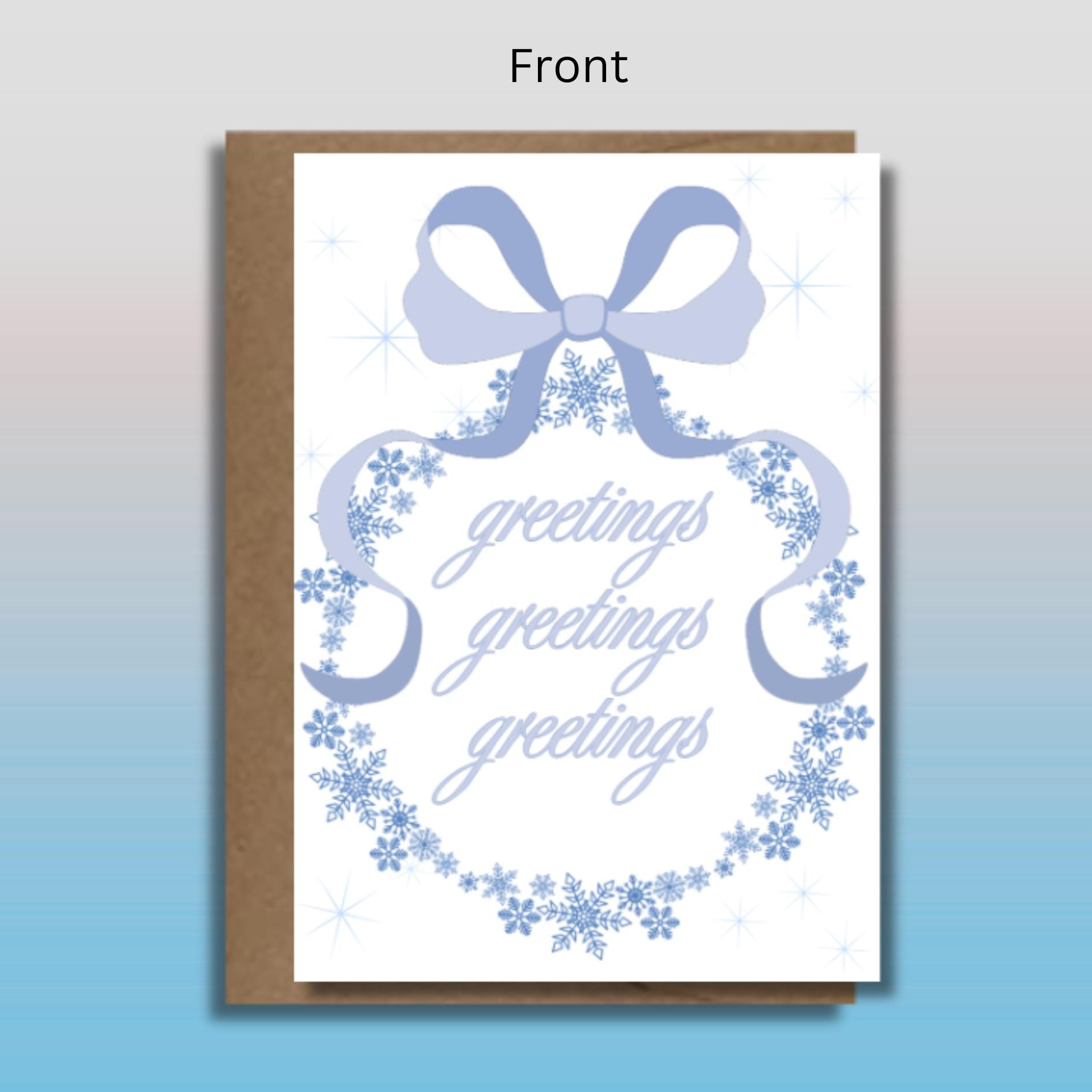 Snowflake Winter Greeting Card: Coquette Style Blue Bow Card, Seasonal Thinking Of You Card - JuzBecuzStationery
