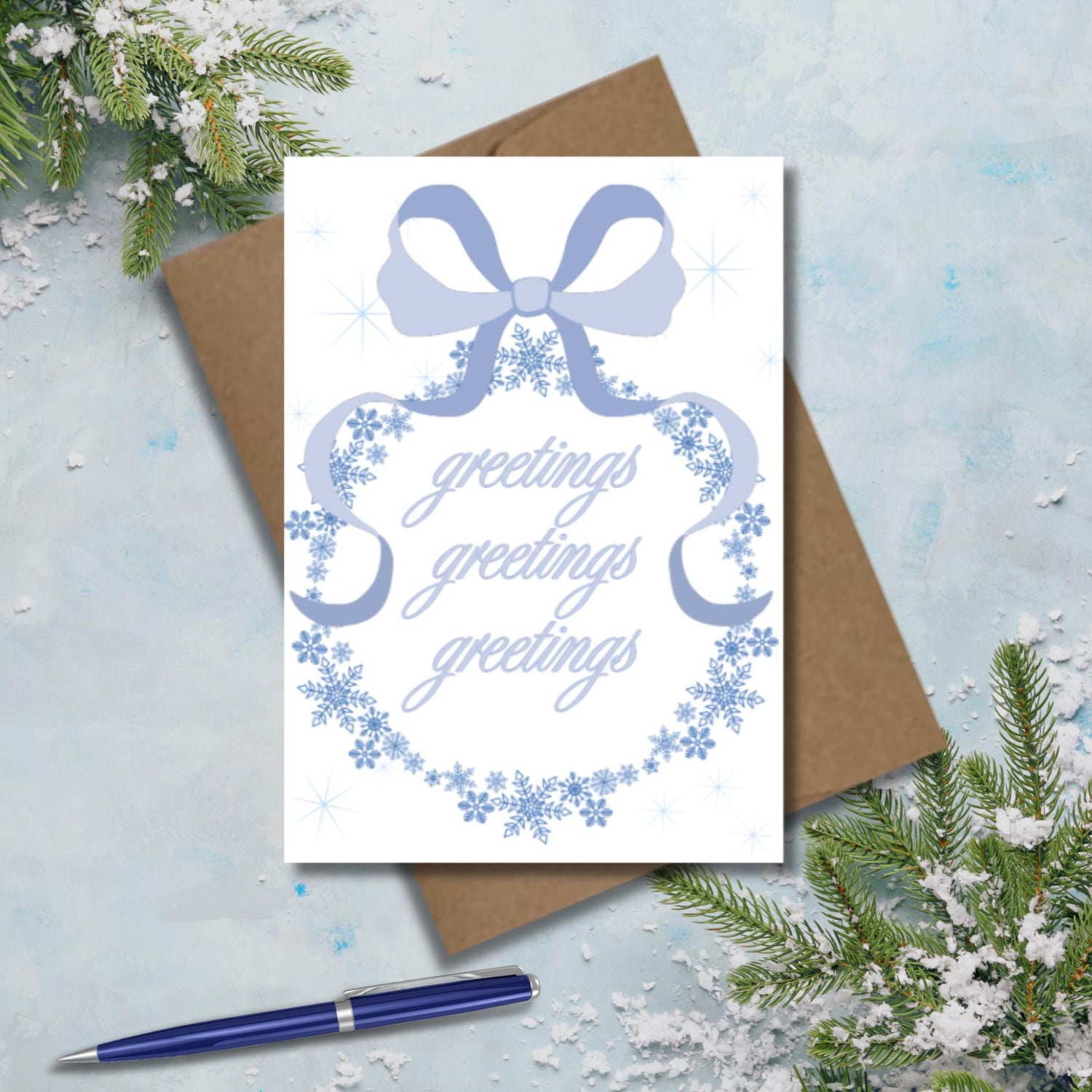 Snowflake Winter Greeting Card: Coquette Style Blue Bow Card, Seasonal Thinking Of You Card - JuzBecuzStationery