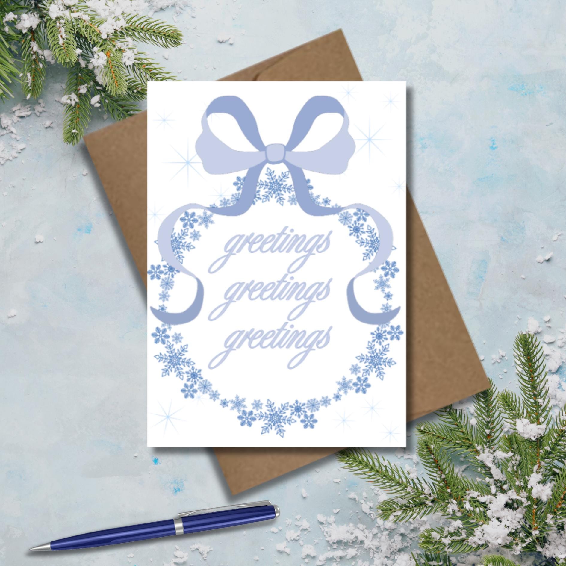 Snowflake Winter Greeting Card: Coquette Style Blue Bow Card, Seasonal Thinking Of You Card - JuzBecuzStationery