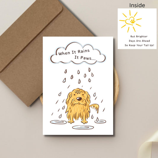Sweet Dog In The Rain Encouragement Card, Doggy Pun When It Rains It Paws Cheer Up Card, Cute Animal Support Card, Thinking Of You Card - JuzBecuzStationery