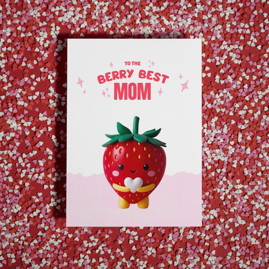 Sweet Strawberry Card For Mom, Punny Berry Best Mom Card, Kawaii Strawberry Greeting Card, Cute Gift For Mother, I Love You Mom Note Card - JuzBecuzStationery